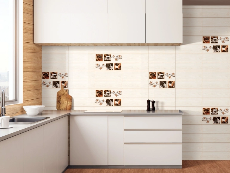 L shape kitchen design with white cabinets, wood accents, and coffee-themed wall tiles.